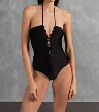 ADRIANA DEGREAS Golden Age Solid Halterneck Swimsuit in black - women's swimwear