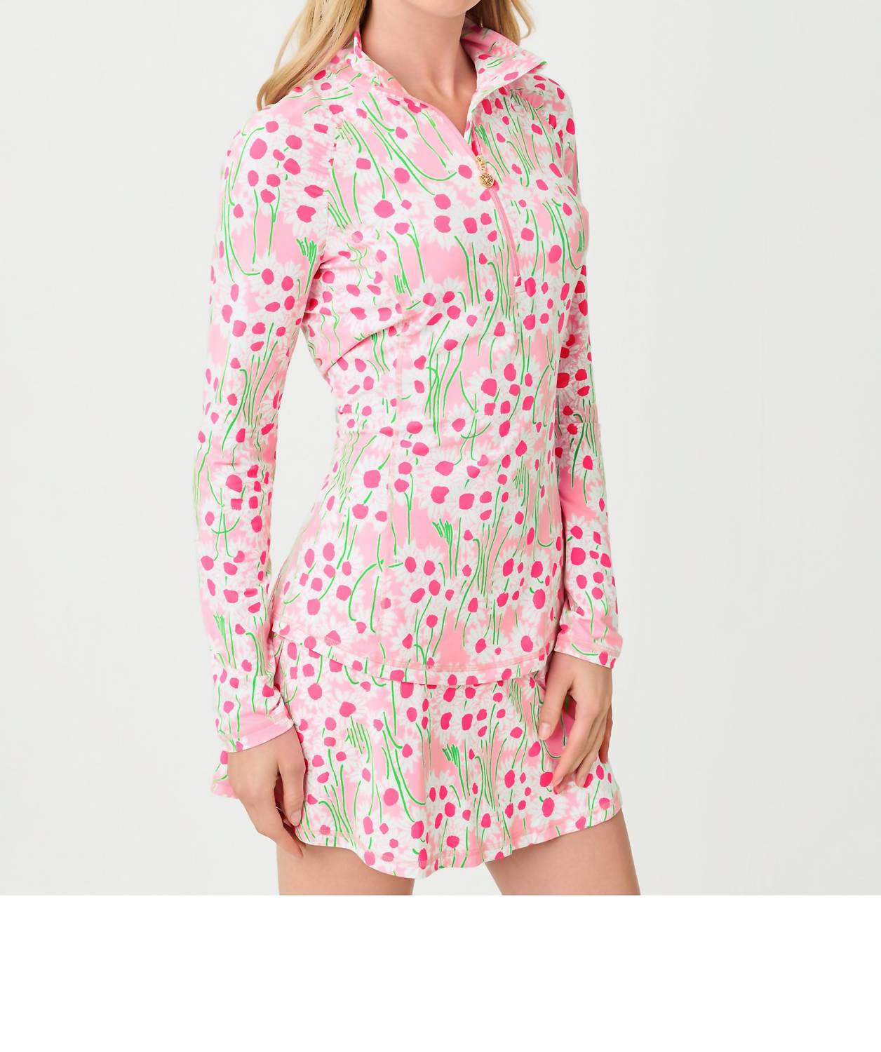 Lilly Pulitzer Justine Half Zip Pullover Sweatshirt in conch shell pink lil sunny daisies - women's top - detail view