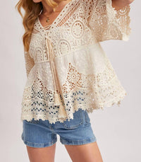 Bluivy - Boho Sheer Crochet Lace Top With Tassels