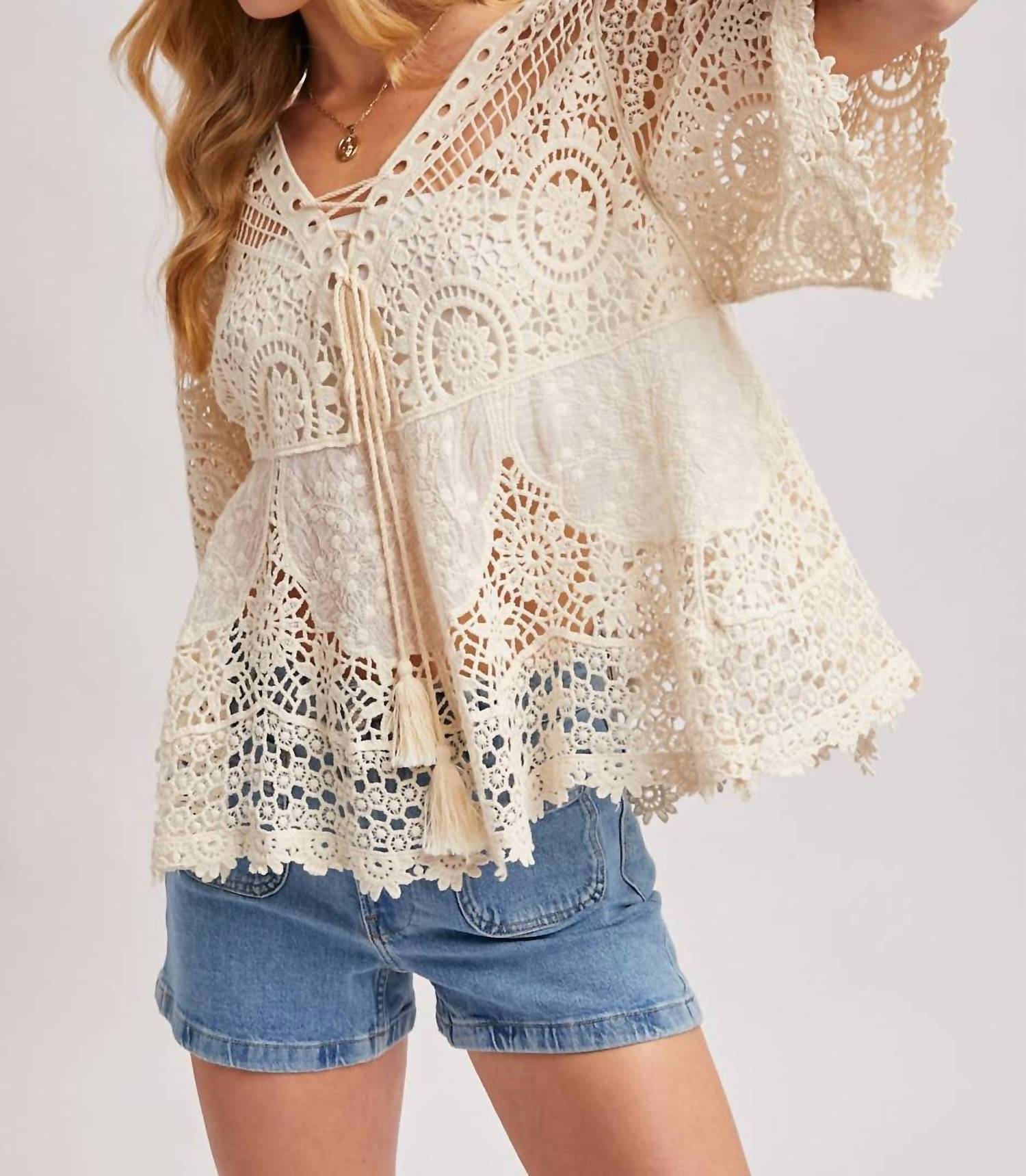 Bluivy - Boho Sheer Crochet Lace Top With Tassels