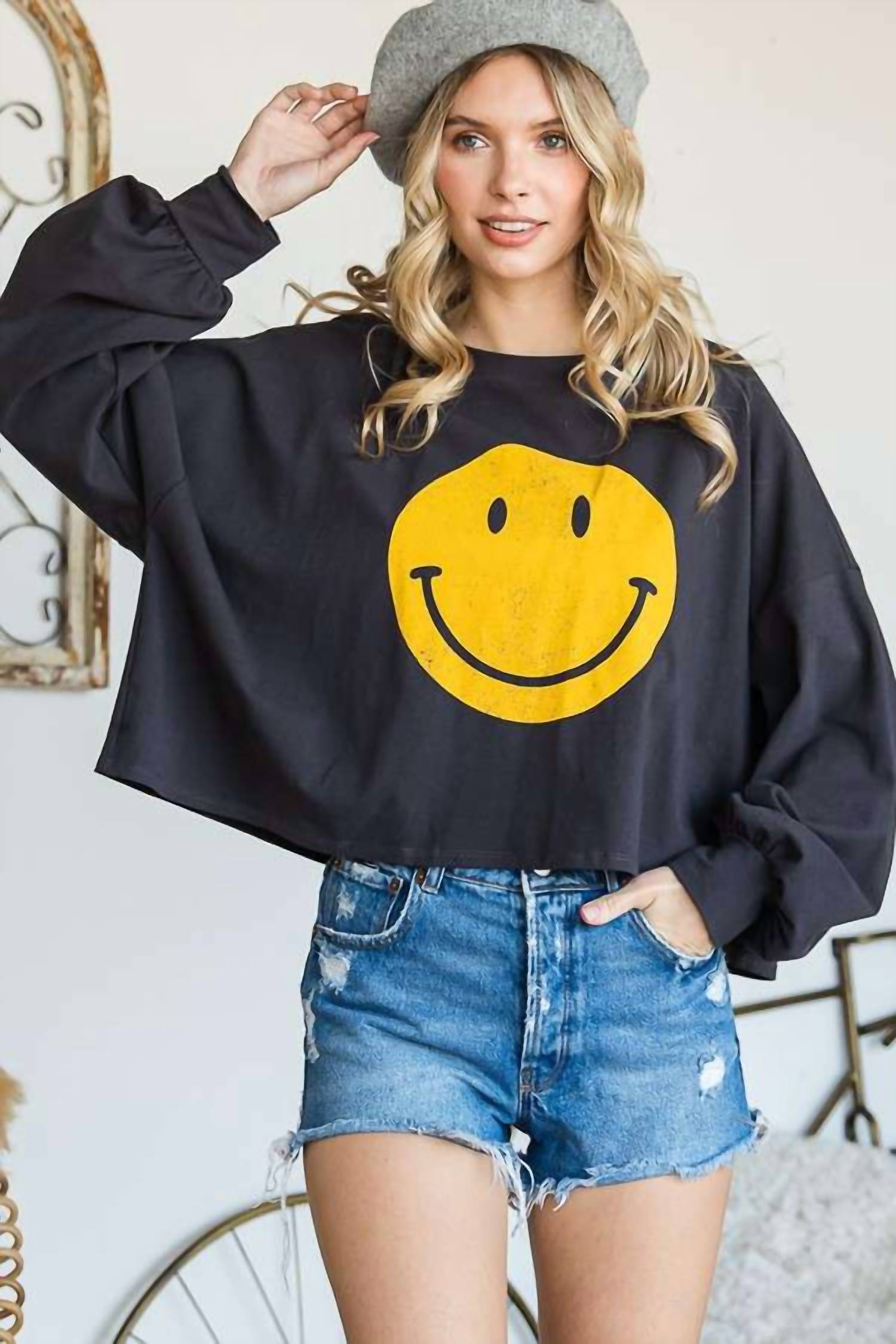 Jade By Jane - Smiley Face Long Sleeve Crop Top
