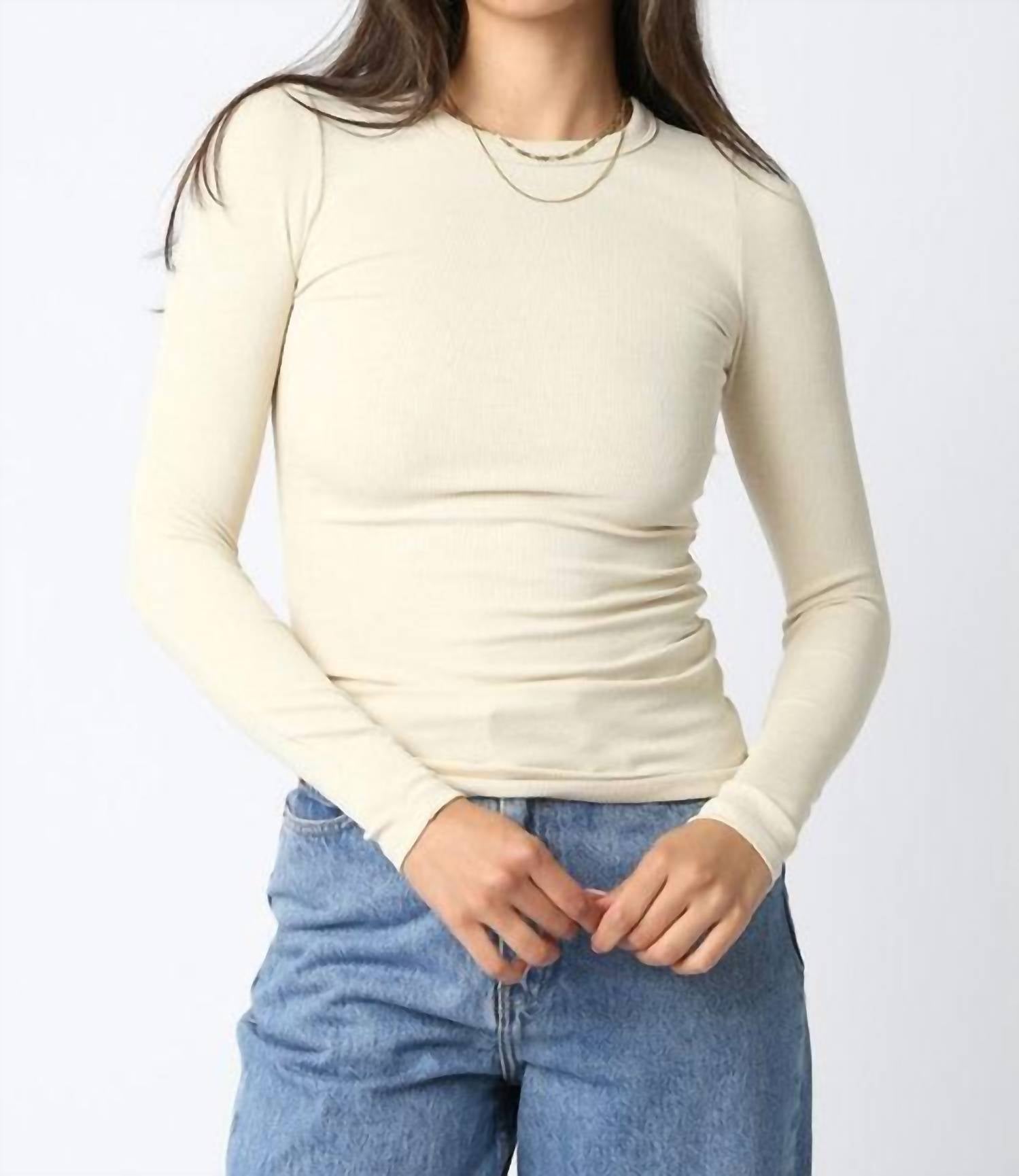 OLIVACEOUS Cassie Long Sleeve Ribbed Top in light khaki - women's long sleeve top