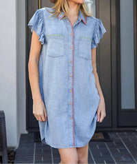 Ee:Some - Whipstitch Trim Flutter Sleeve Mini Dress