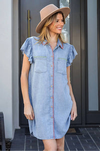 Ee:Some - Whipstitch Trim Flutter Sleeve Mini Dress