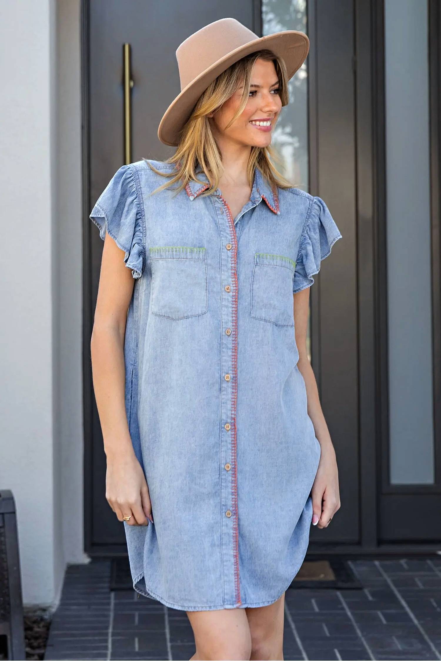 Ee:Some - Whipstitch Trim Flutter Sleeve Mini Dress