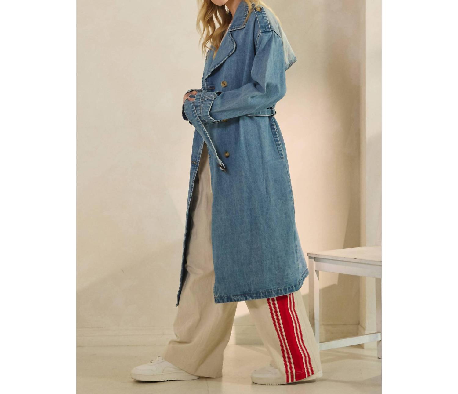 Veveret Meg Denim Trench Coat in medium wash - women's jacket - alternate view