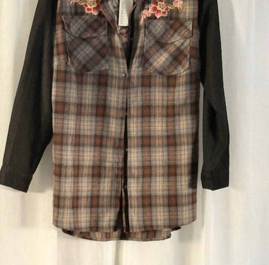 Paparazzi - brown plaid, black denim, embroidered floral/peacock