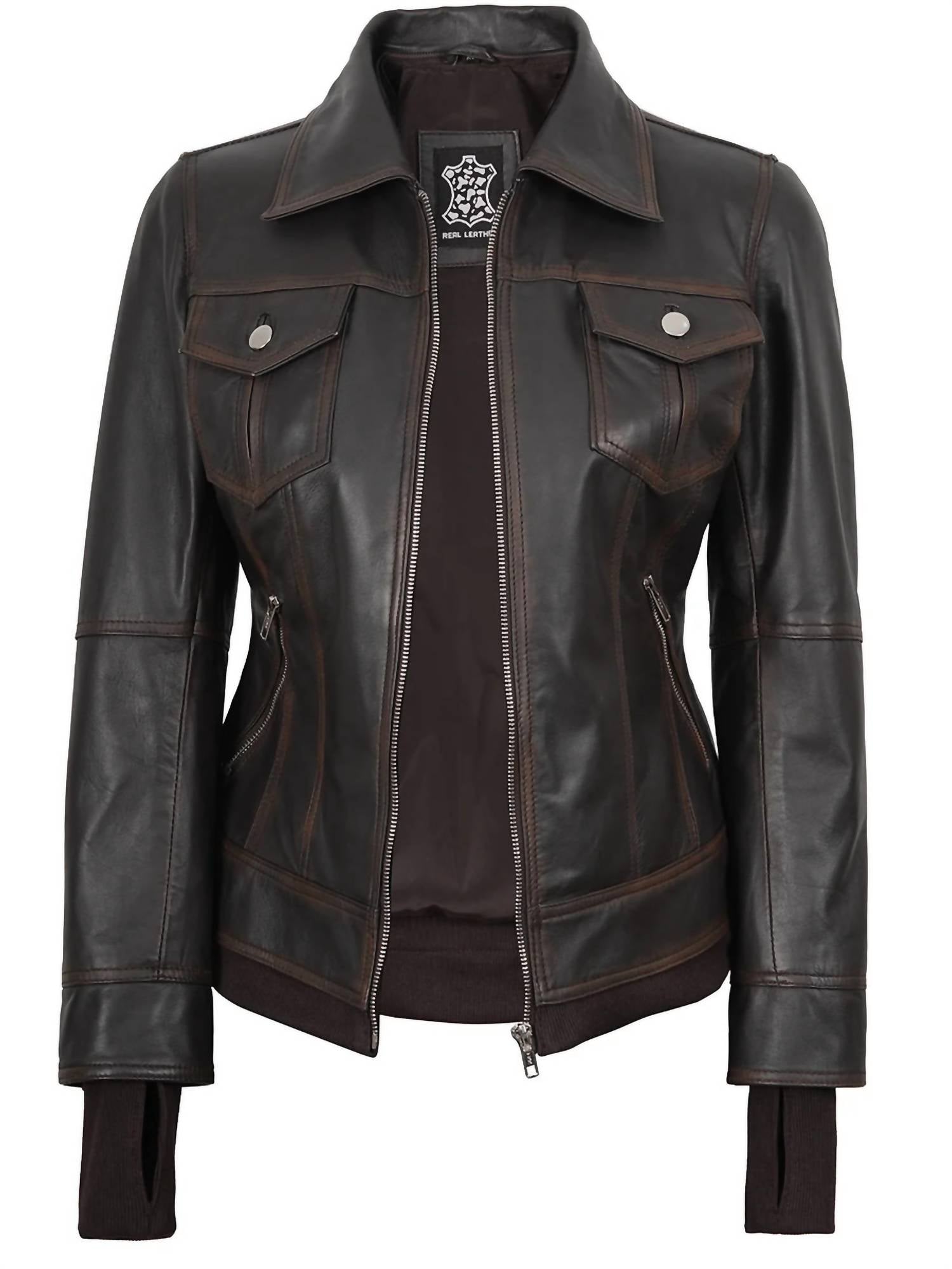 Decrum - Women's Tralee Bomber Leather Jacket With Removable Hoodie