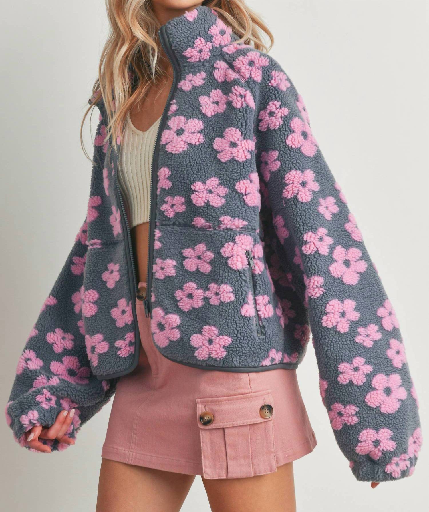 Buttermelon Daisy Fleece Sherpa Jacket in grey pink - women's jacket - view 4