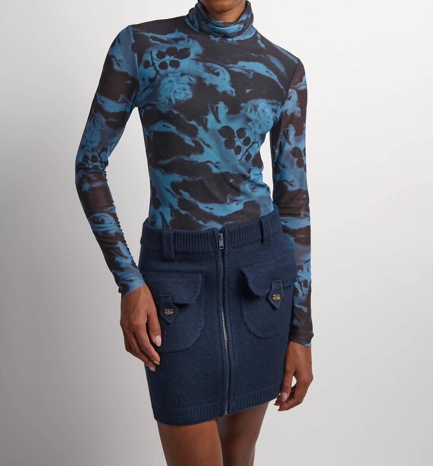 Ganni - Printed Mesh Long Sleeve Rollneck Top