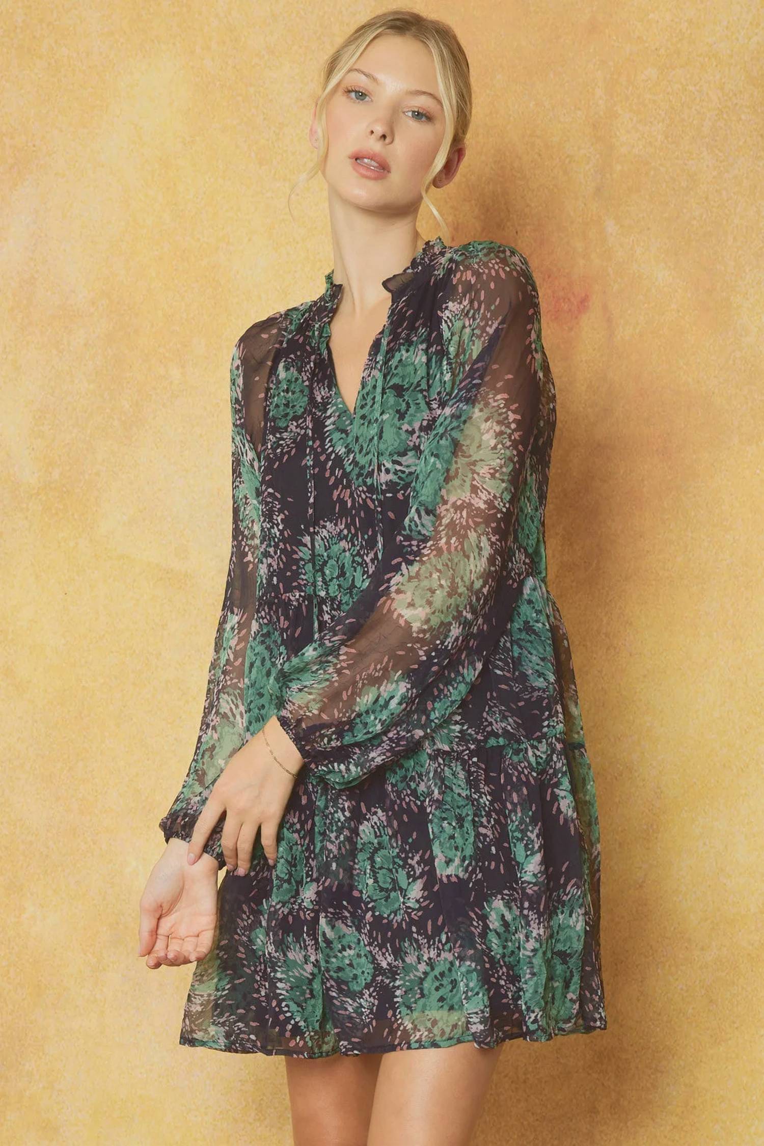 Entro - Print V-neck Long Sleeve Tiered Mini Dress