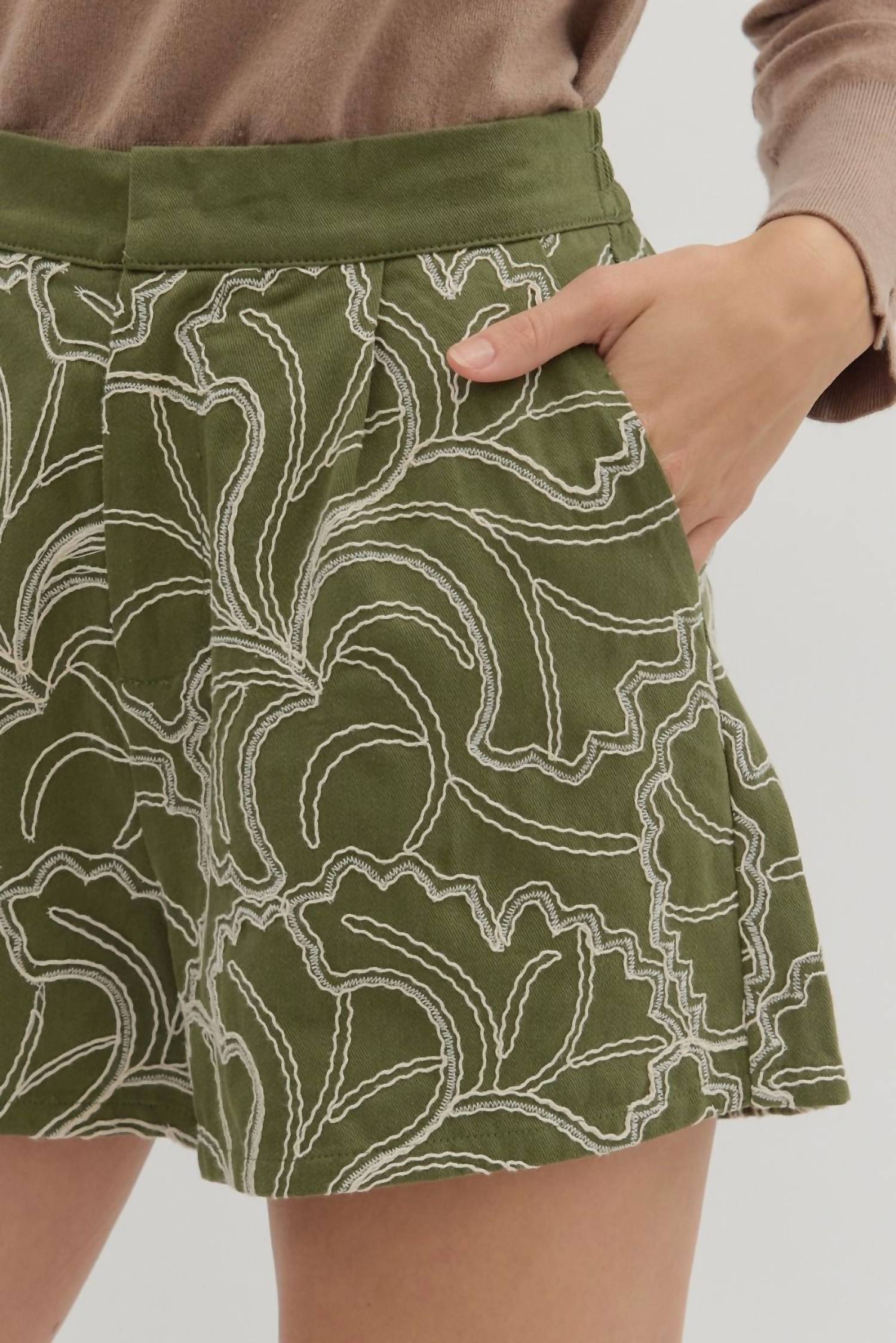 entro Floral Embroidered Shorts in olive - women's shorts - view 4