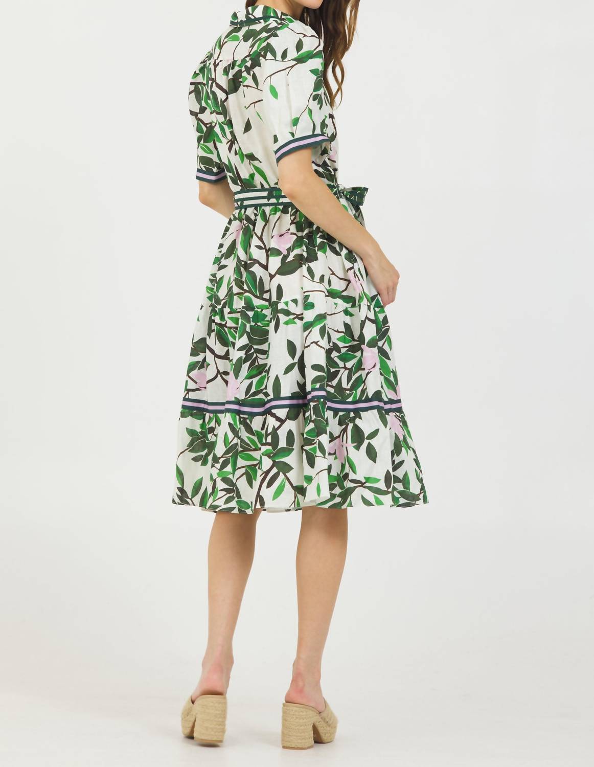 Stellah - Magnolia Print Short Sleeve Button Closure Belted Shirt Dress