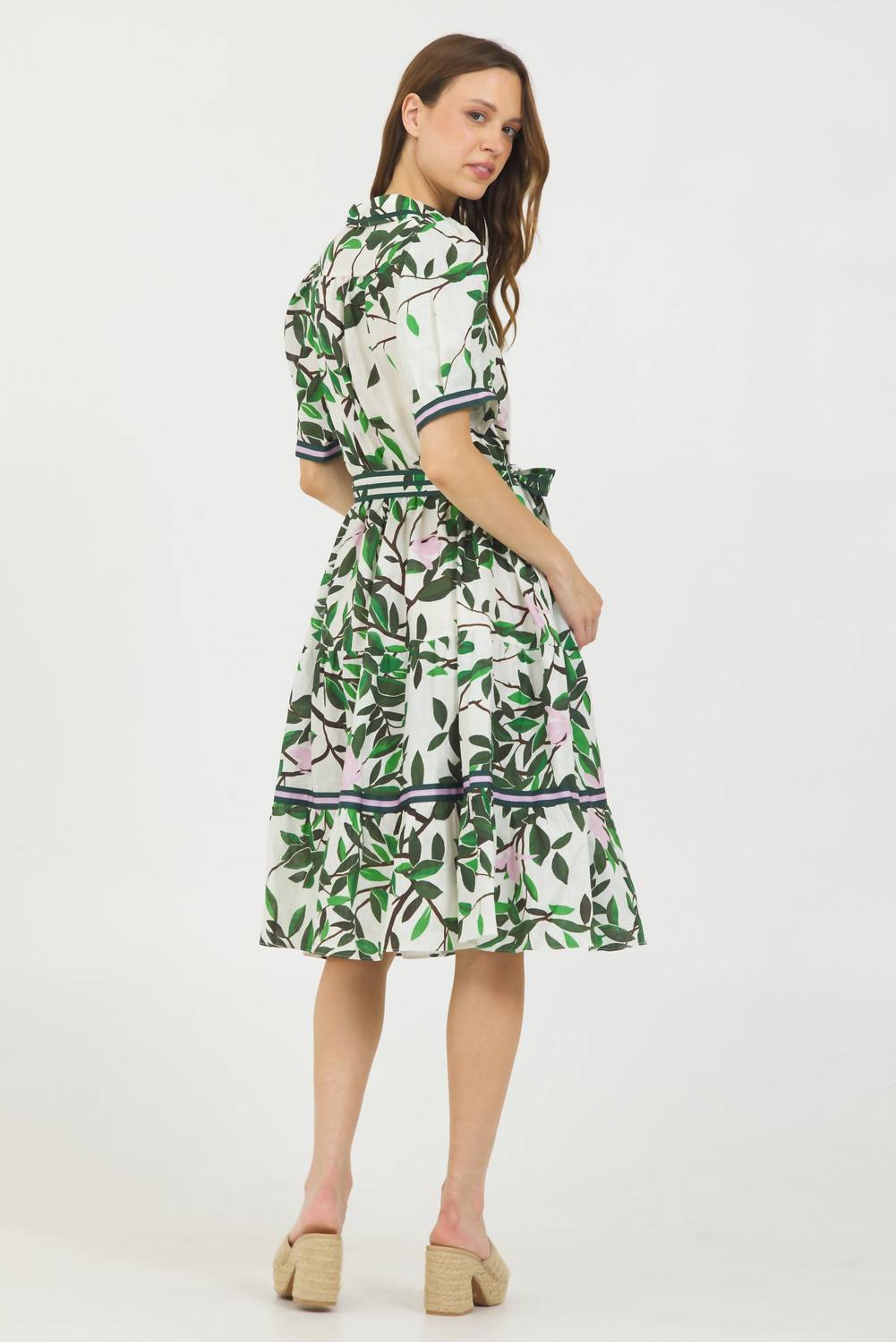 Stellah - Magnolia Print Short Sleeve Button Closure Belted Shirt Dress