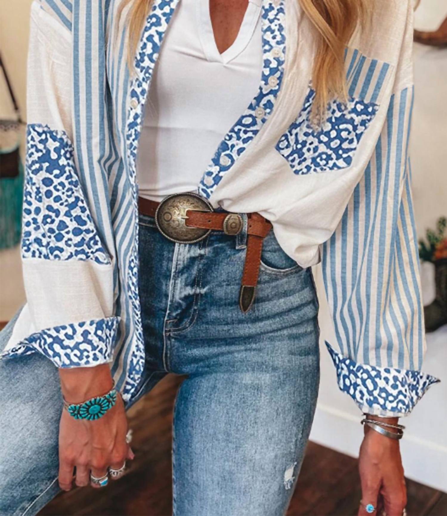 Shewin - Leopard Striped Patchwork Button Up Shirt