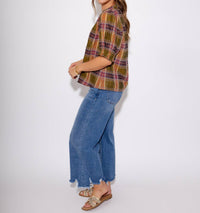 THML Color Pop Plaid Puff Sleeve Top in olive - women's blouse - view 7
