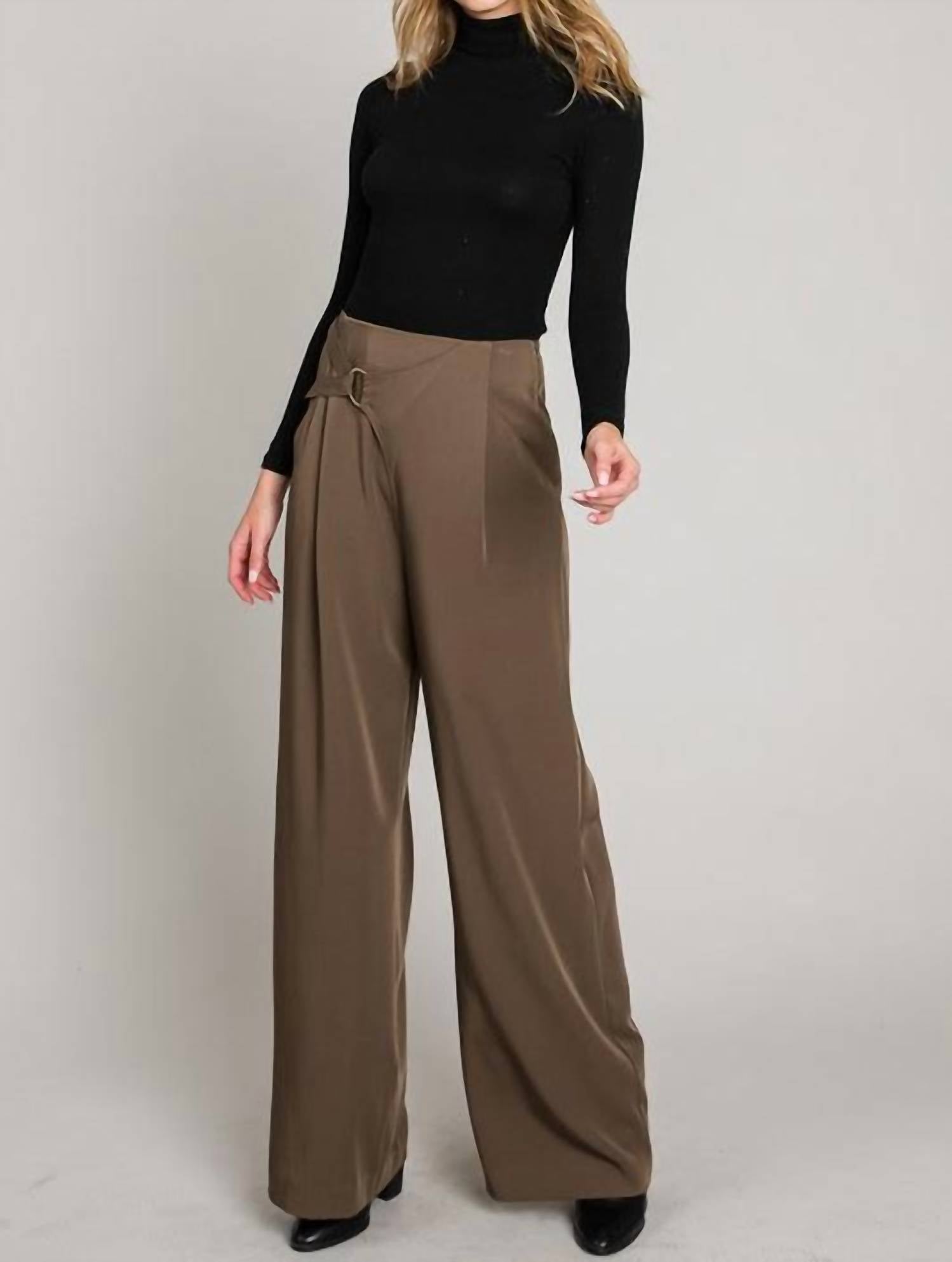 ALLIE ROSE Soft & Drapey Wide Leg Pant in olive brown - women's pants