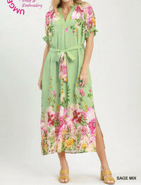 Umgee - Floral Border Print Midi Dress With Tie Belt
