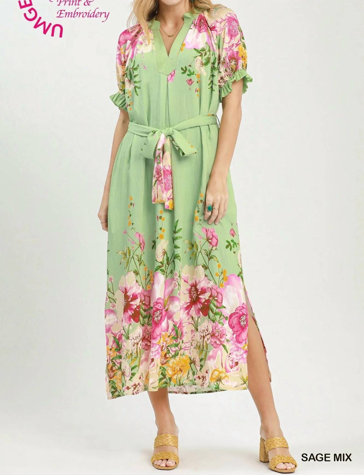 Umgee - Floral Border Print Midi Dress With Tie Belt