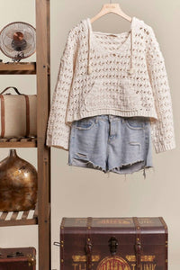 Mello - Boat Neck Hooded Crochet Bolero Sweater