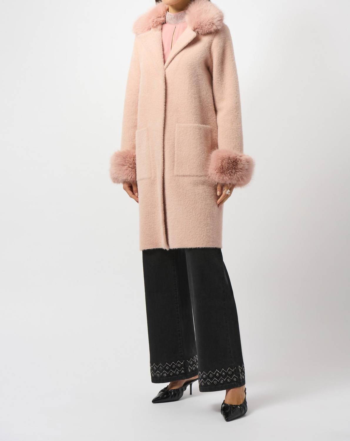 Joseph Ribkoff - Detachable Faux Fur Trim Long Sleeve Coat