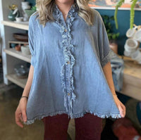 Sewn And Seen - Frayed Denim Button Up Top