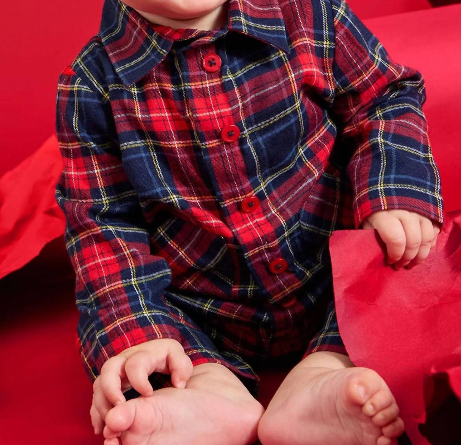magnetic me Boy's Holiday Plaid Flannel Patch Pocket Romper in red - kids' item - alternate view