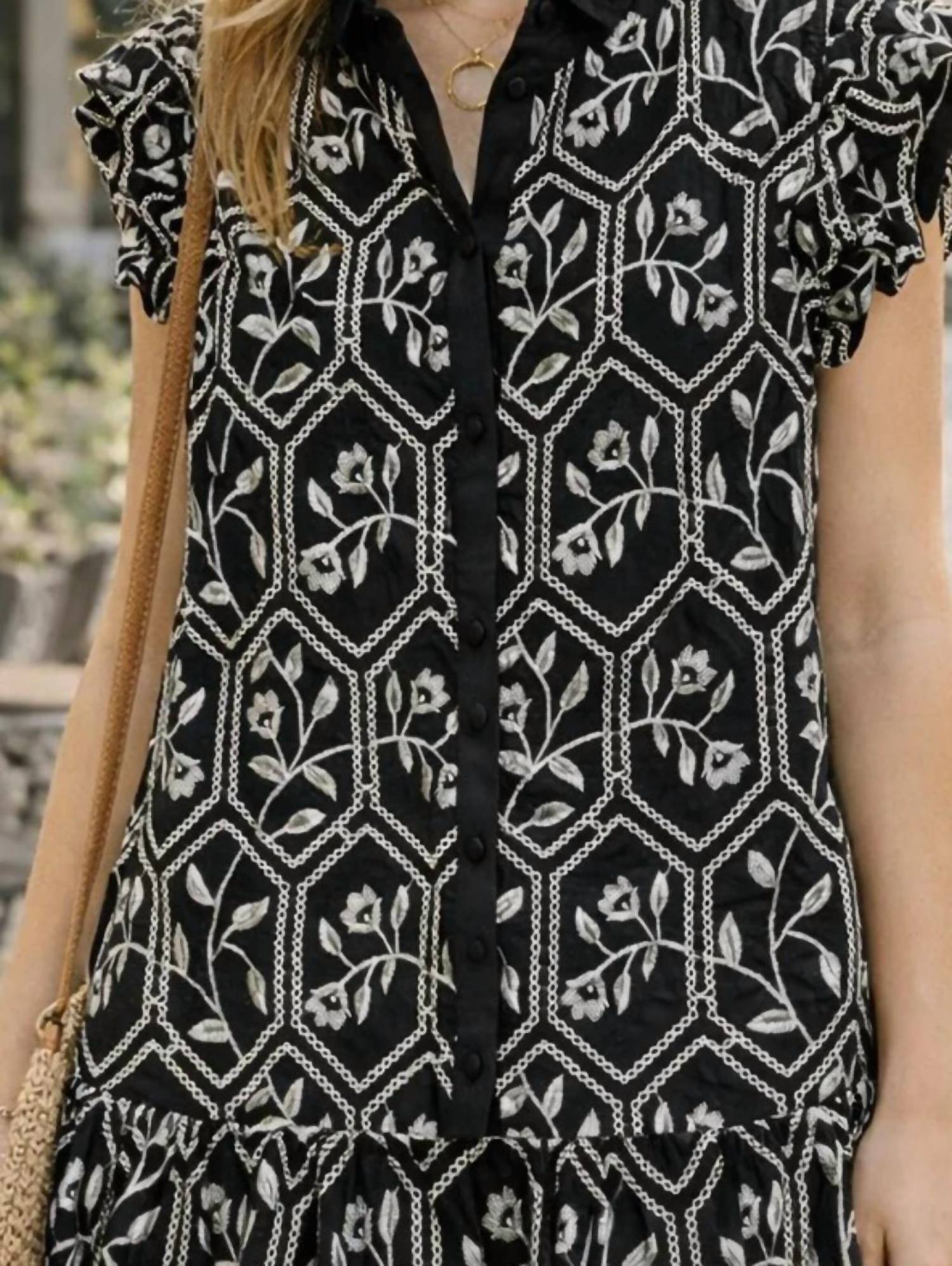 Gigio - Glossy Embroidered Button Down Dress