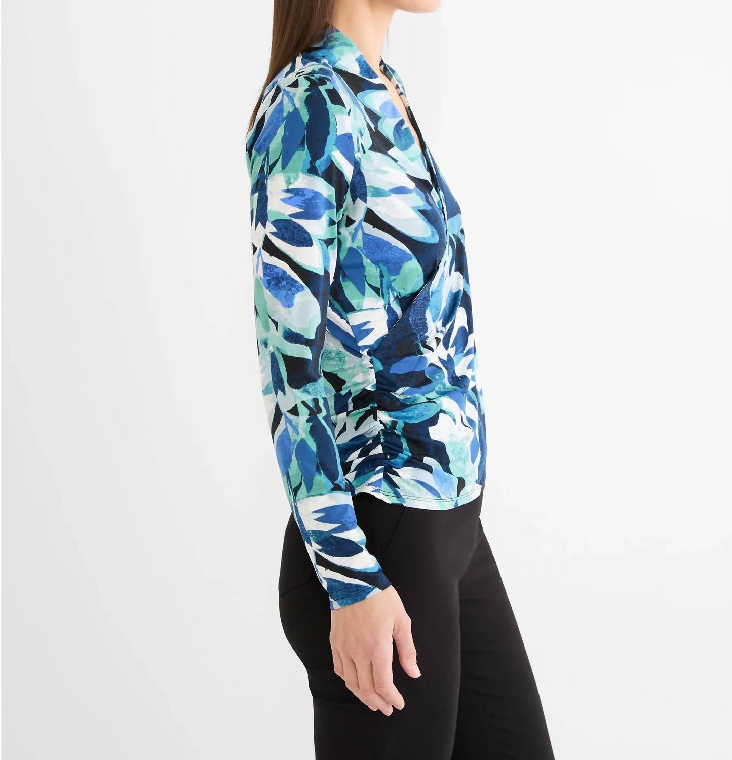 Nic + Zoe GIVEMY KNIT WRAP TOP in green multi - women's long sleeve top - detail view
