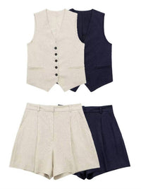Sweetkama - Tailored V-neck Vest & Shorts Set