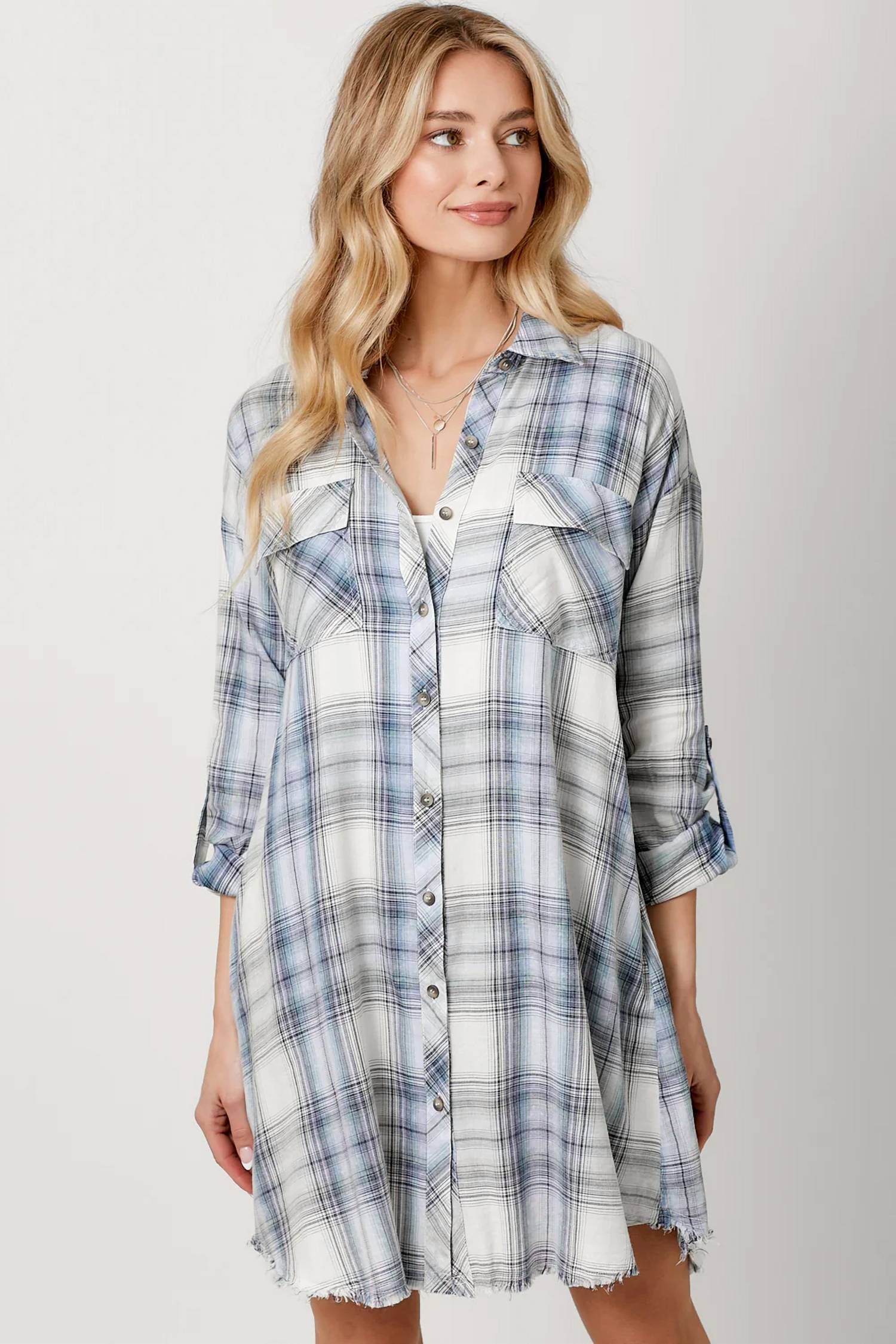Mystree - Rolled Up Sleeve Washed Plaid Dress