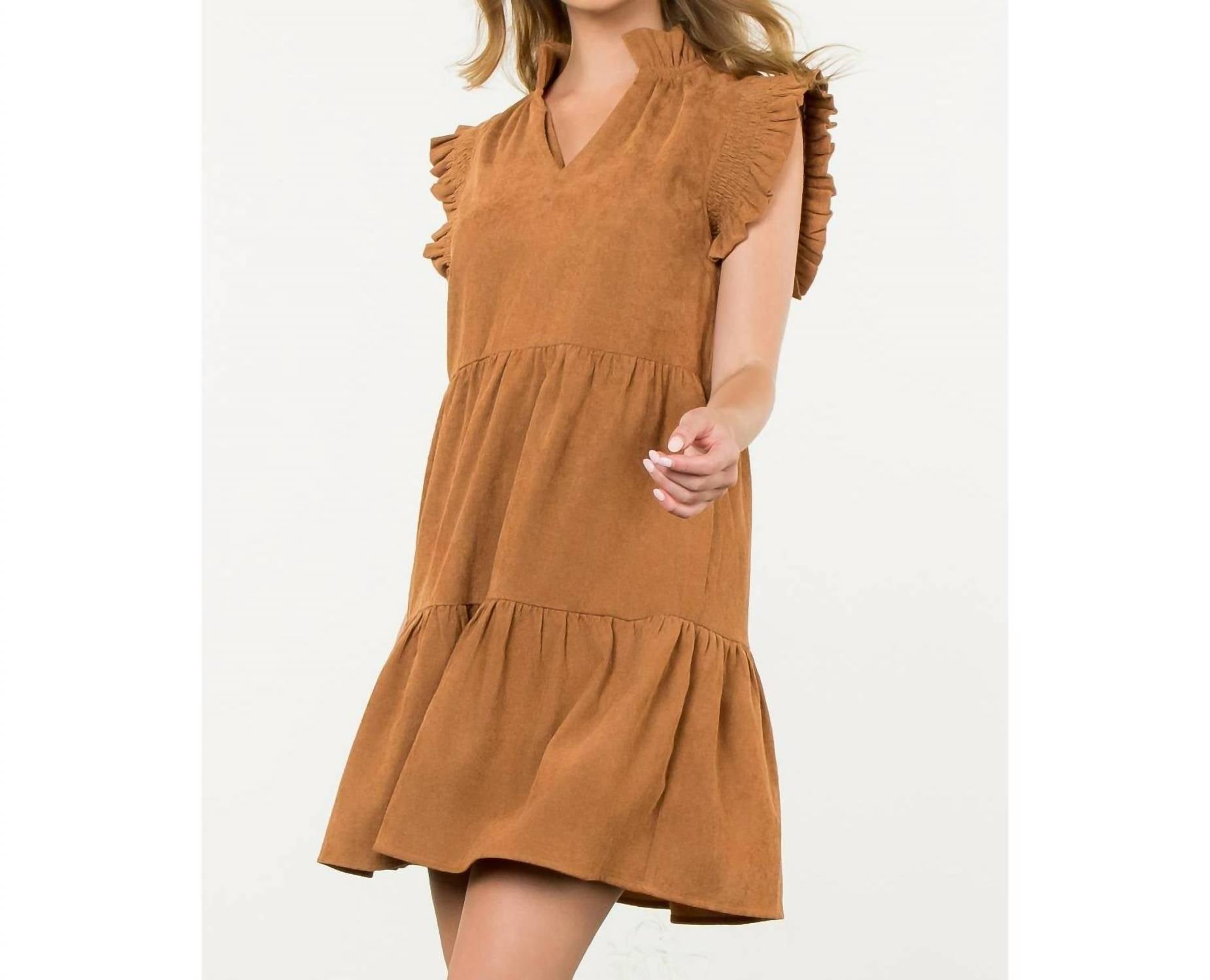 THML Flutter Sleeve Corduroy Midi Dress in camel - women's dress - view 6