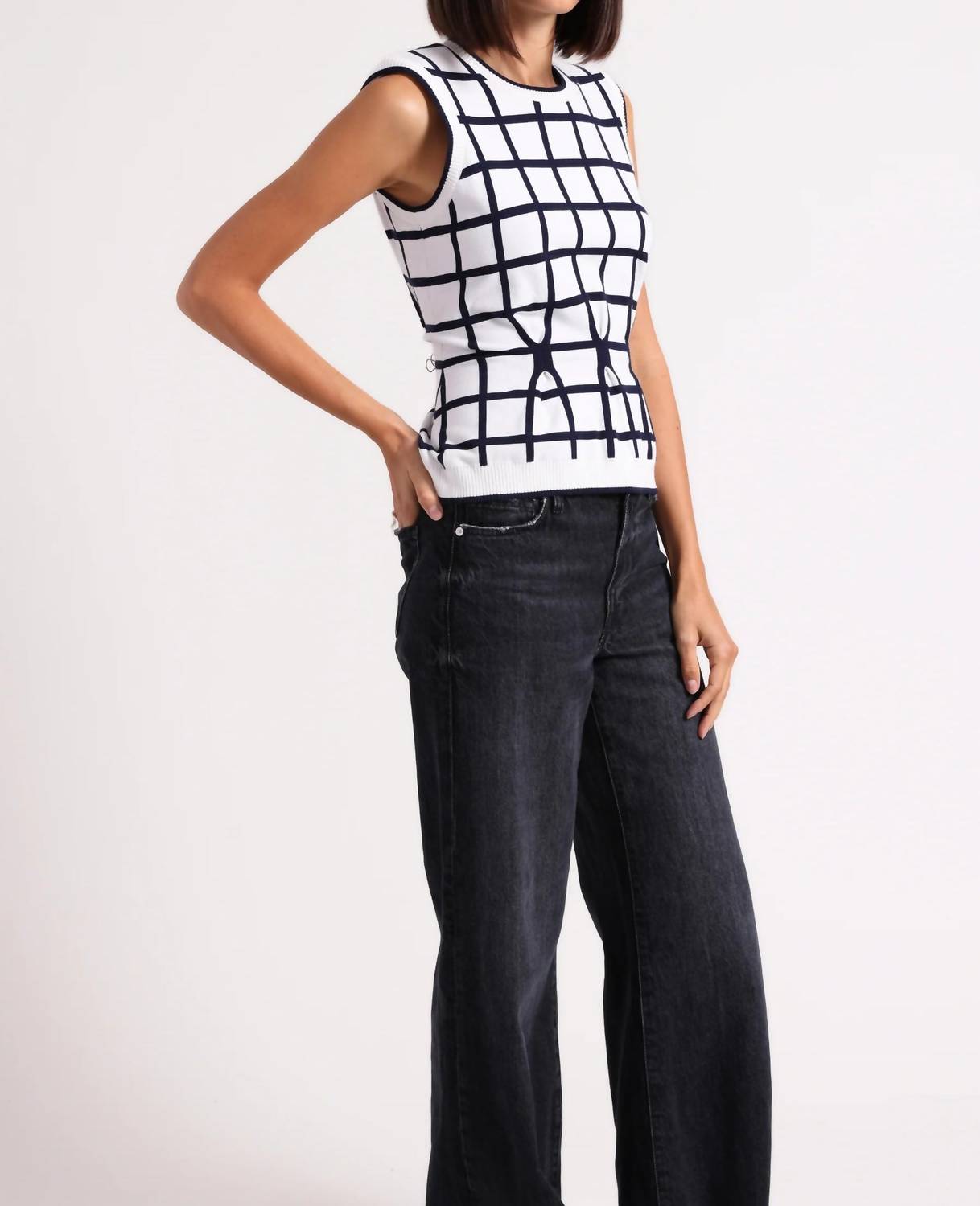 Minnie Rose - Windowpane Pleated Sleeveless Top