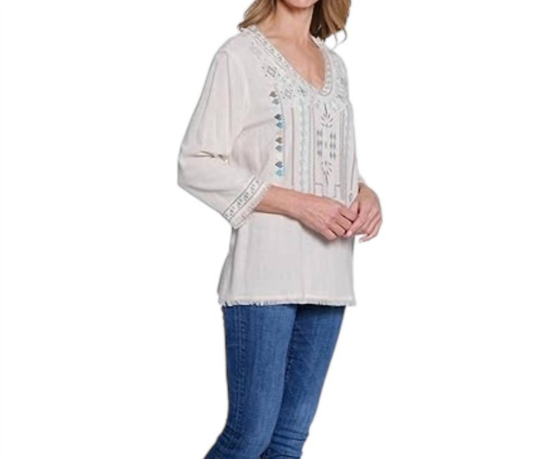 Multiples - Three Quarters Sleeve V Neck Embroidered Top