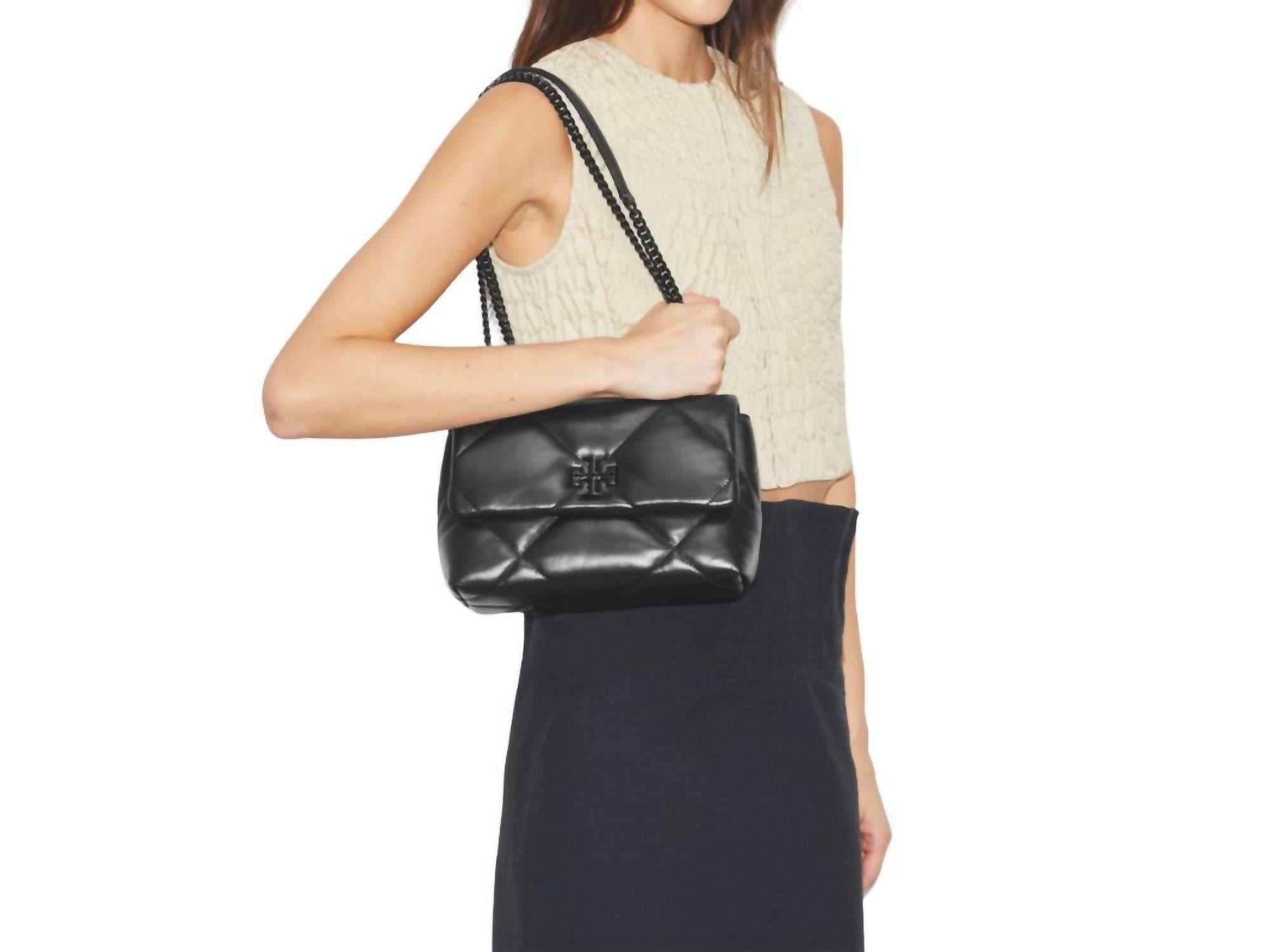 TORY BURCH Kira Diamond Quilt Small Convertible Shoulder Bag in powder coated black - women's bag - detail view