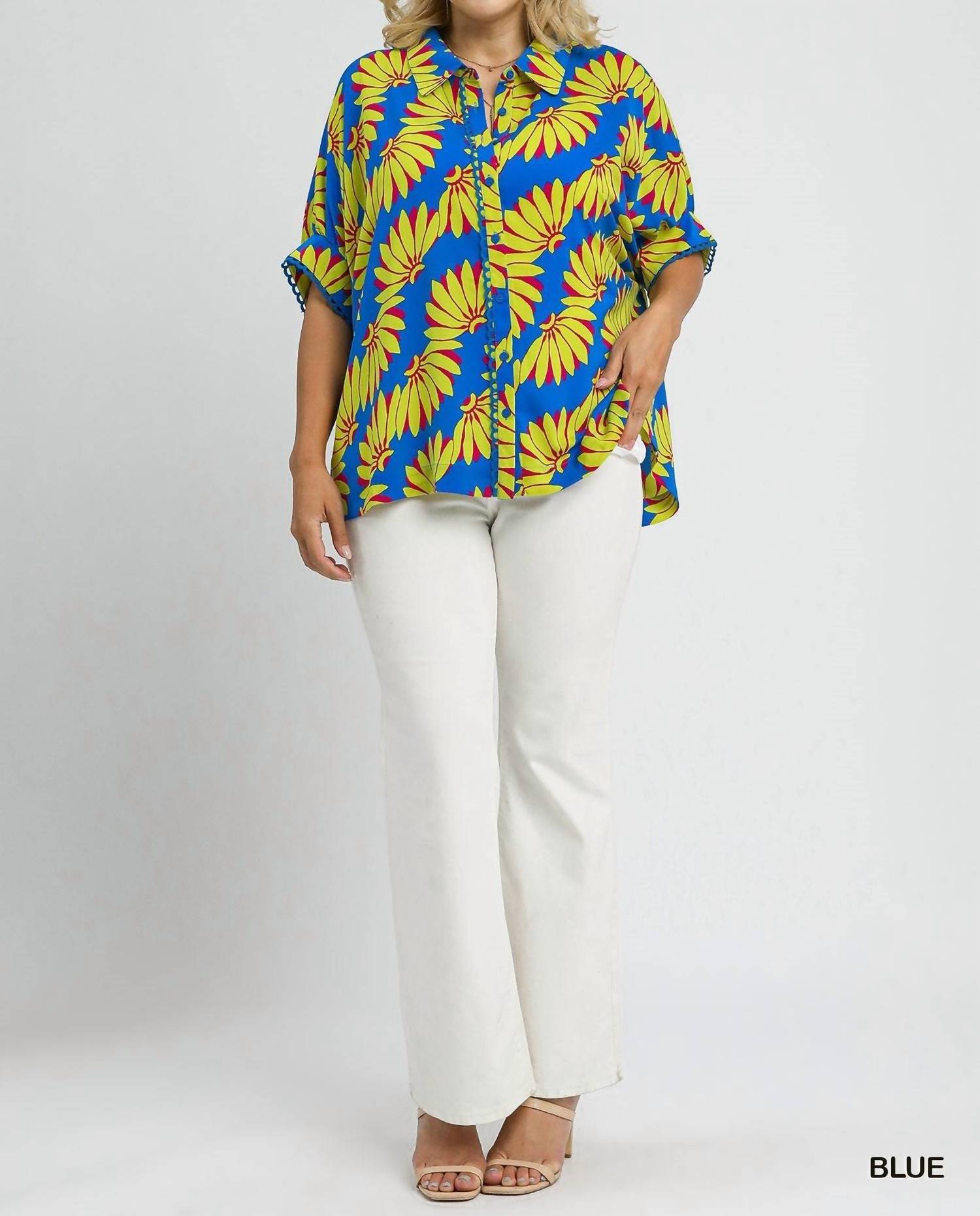 umgee Tropical Print Button Top - Plus Size in blue - women's blouse - alternate view
