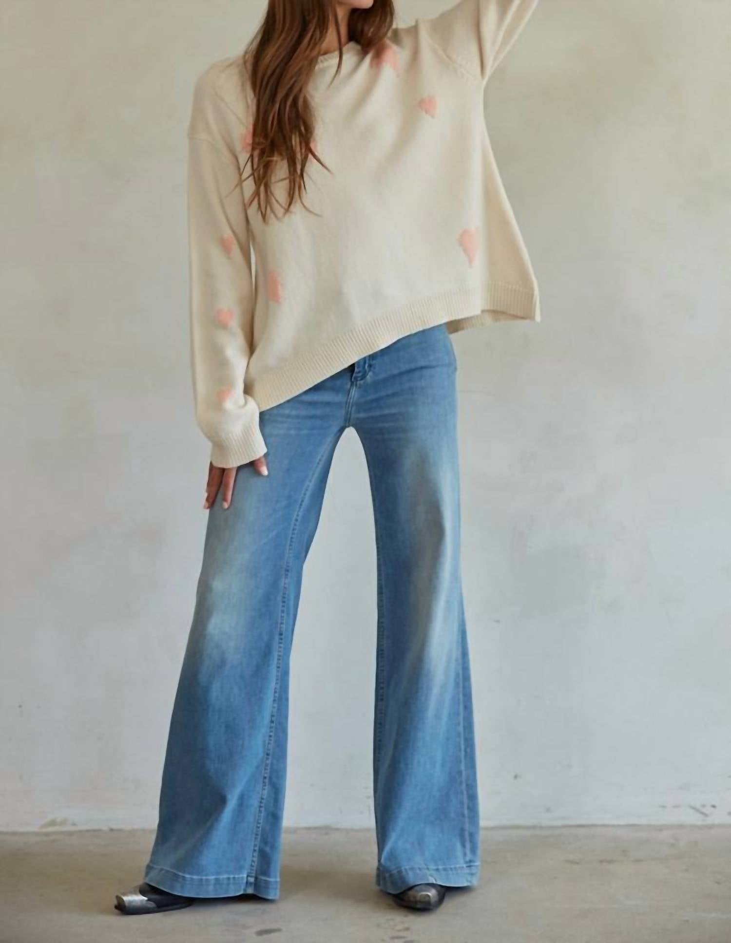 By Together - Knit Sweater Heart Print Crew Neck Pullover Top