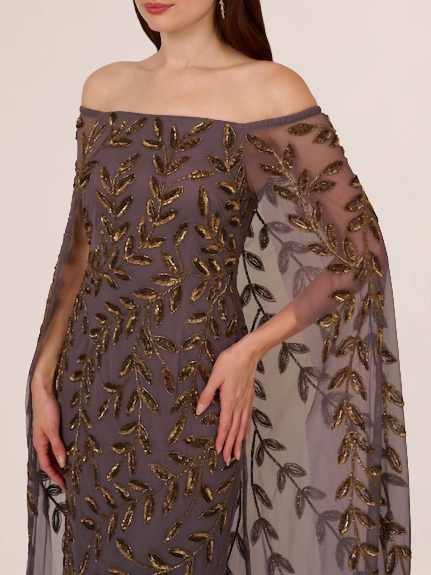 Adrianna Papell - Off The Shoulder Beaded Cape Gown