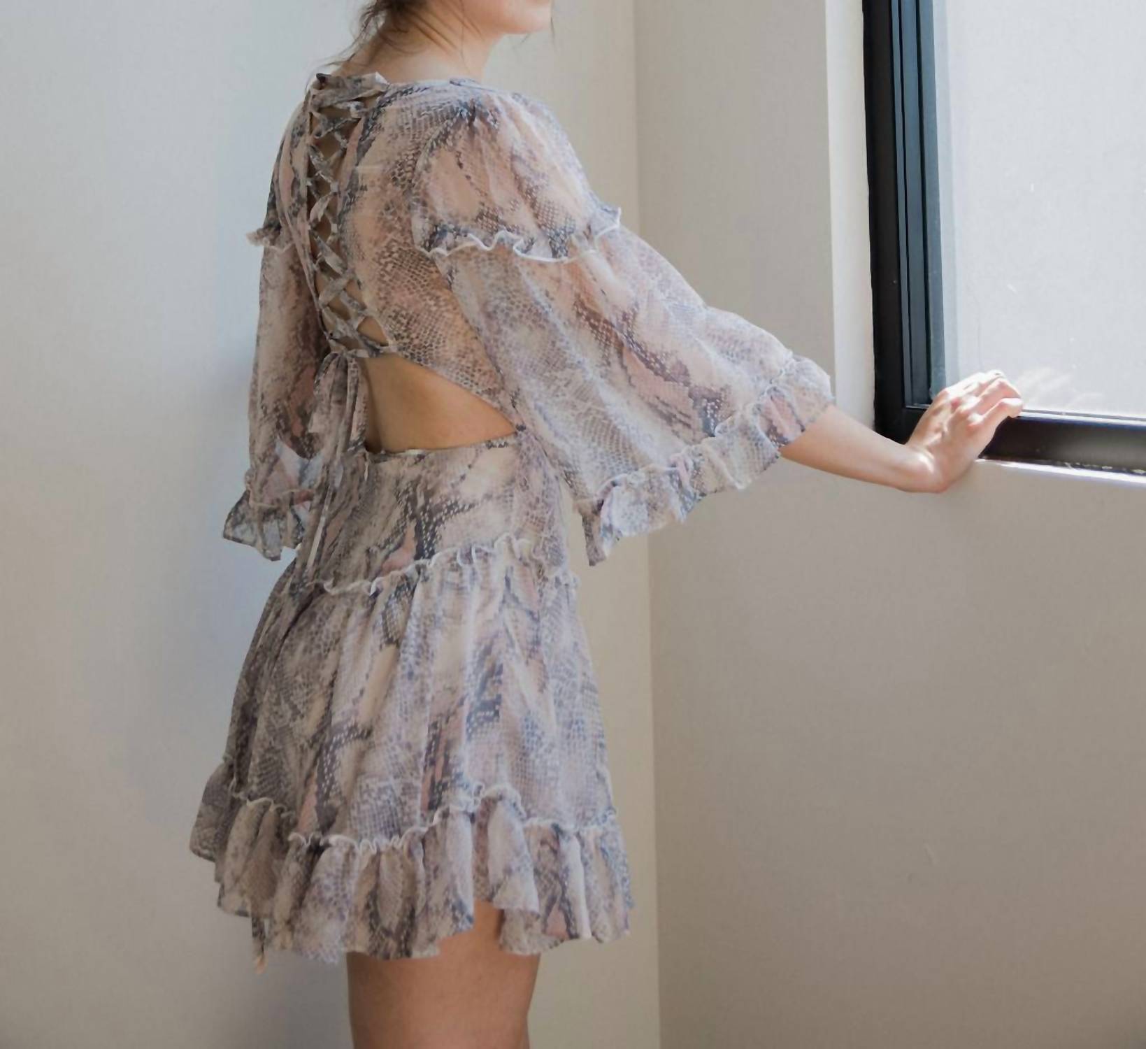 OLIVACEOUS Snake It Off Lace Up Mini Dress in snakeskin - women's dress - detail view