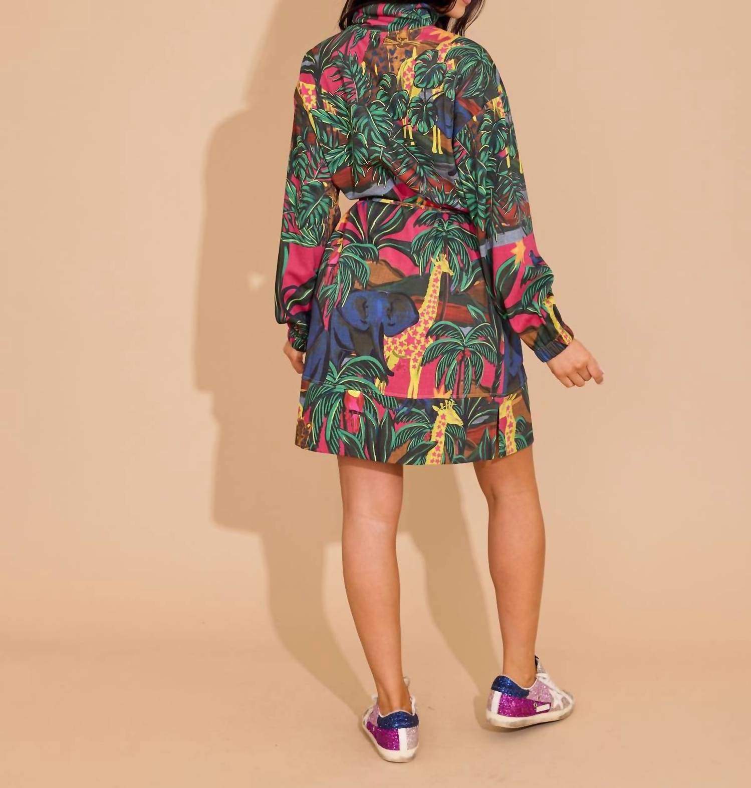 Alden Adair Logan Long Sleeve Mini Dress in animal kingdom - women's dress - detail view