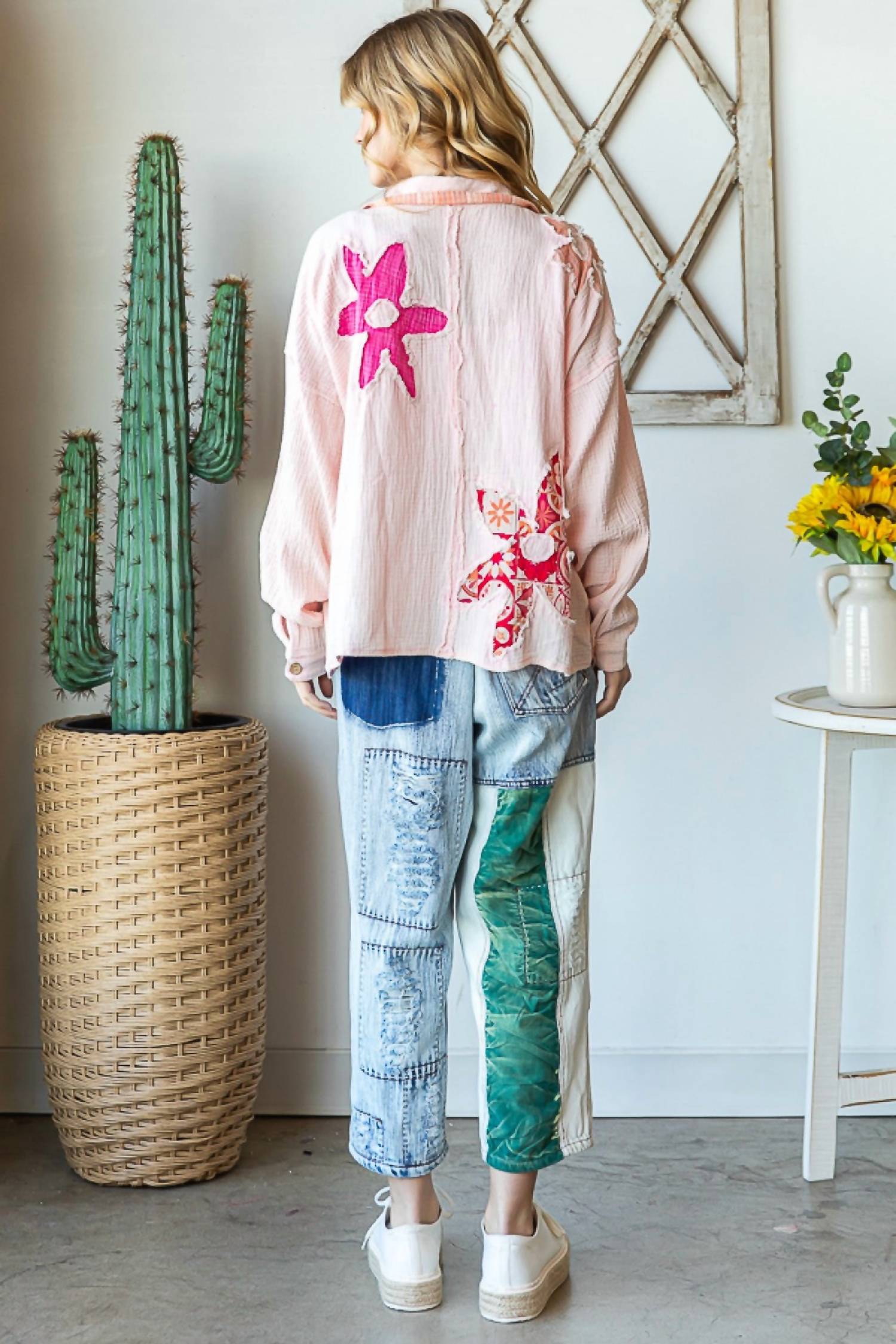 Oli & Hali - Washed Flower Button Front Shirt Top