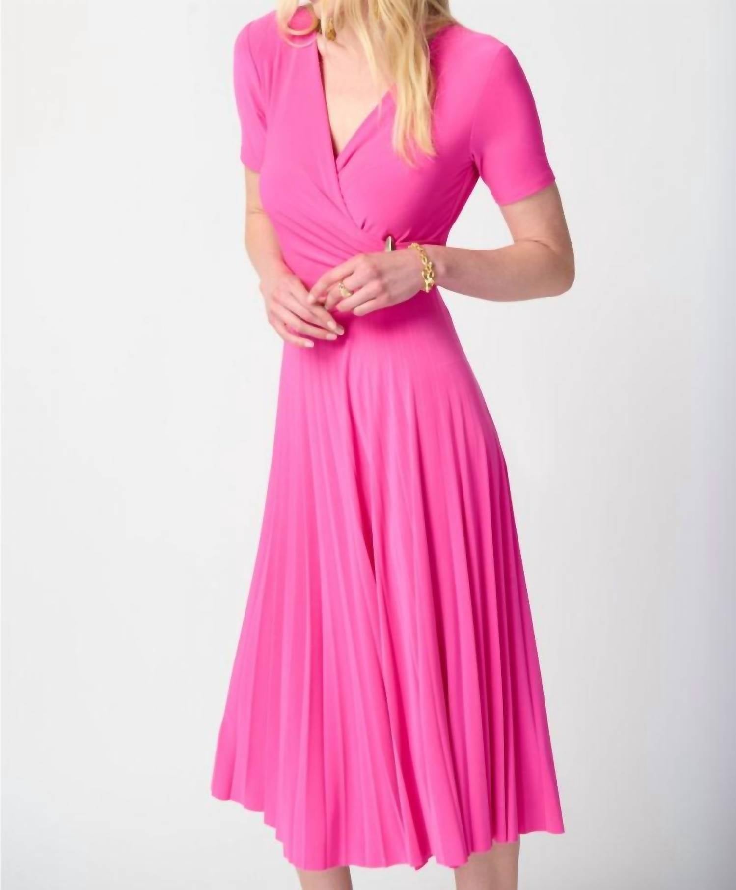 Joseph Ribkoff - Pleated Faux Wrap Short Sleeves Fit And Flare Dress