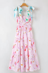 1 The Woman - Floral Print Knotted Shoulder Smocked Maxi Dress