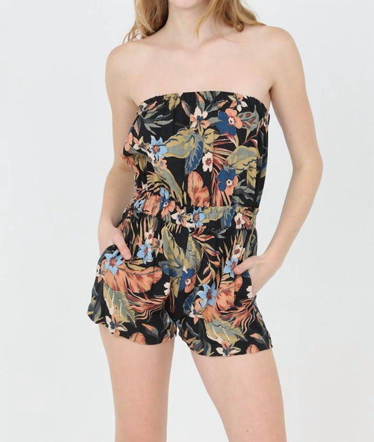 Angie - Strapless Tropical Print Romper With Pockets