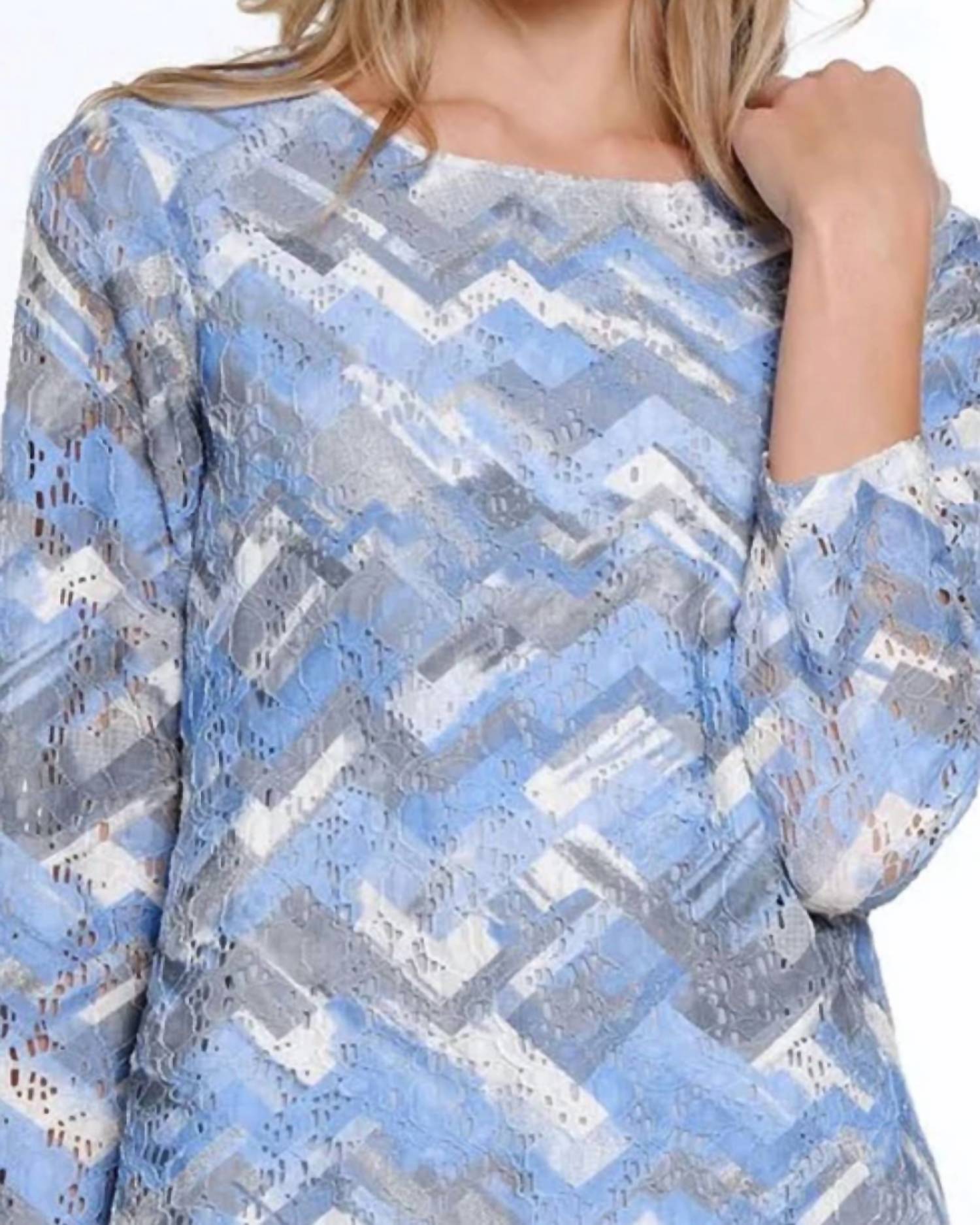 Multiples 3/4 Sleeve Scoop Neck Top in blue - women's blouse - detail view