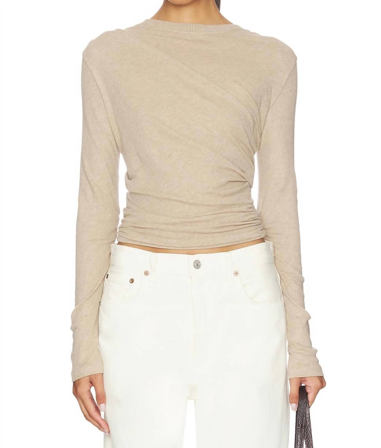 Enza Costa Cashmere Jersey Draped Long Sleeve Crew Top in khaki - women's long sleeve top