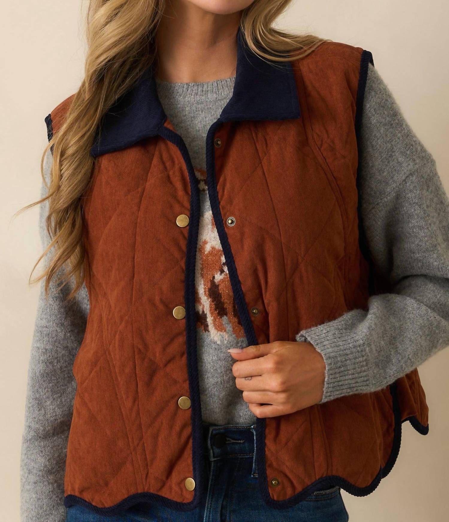 entro Collared Button Up Vest in chestnut - women's jacket - detail view