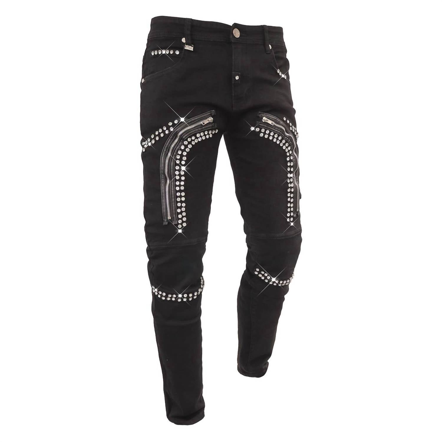 Barocco Men's Denim Rhinestone Pants in black - men's pants