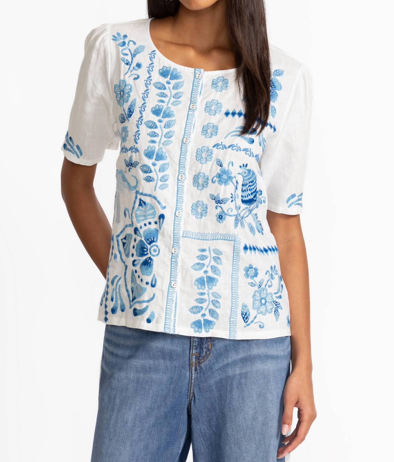 Johnny Was - Pre-loved Yadira Linen Flutter Sleeve Blouse