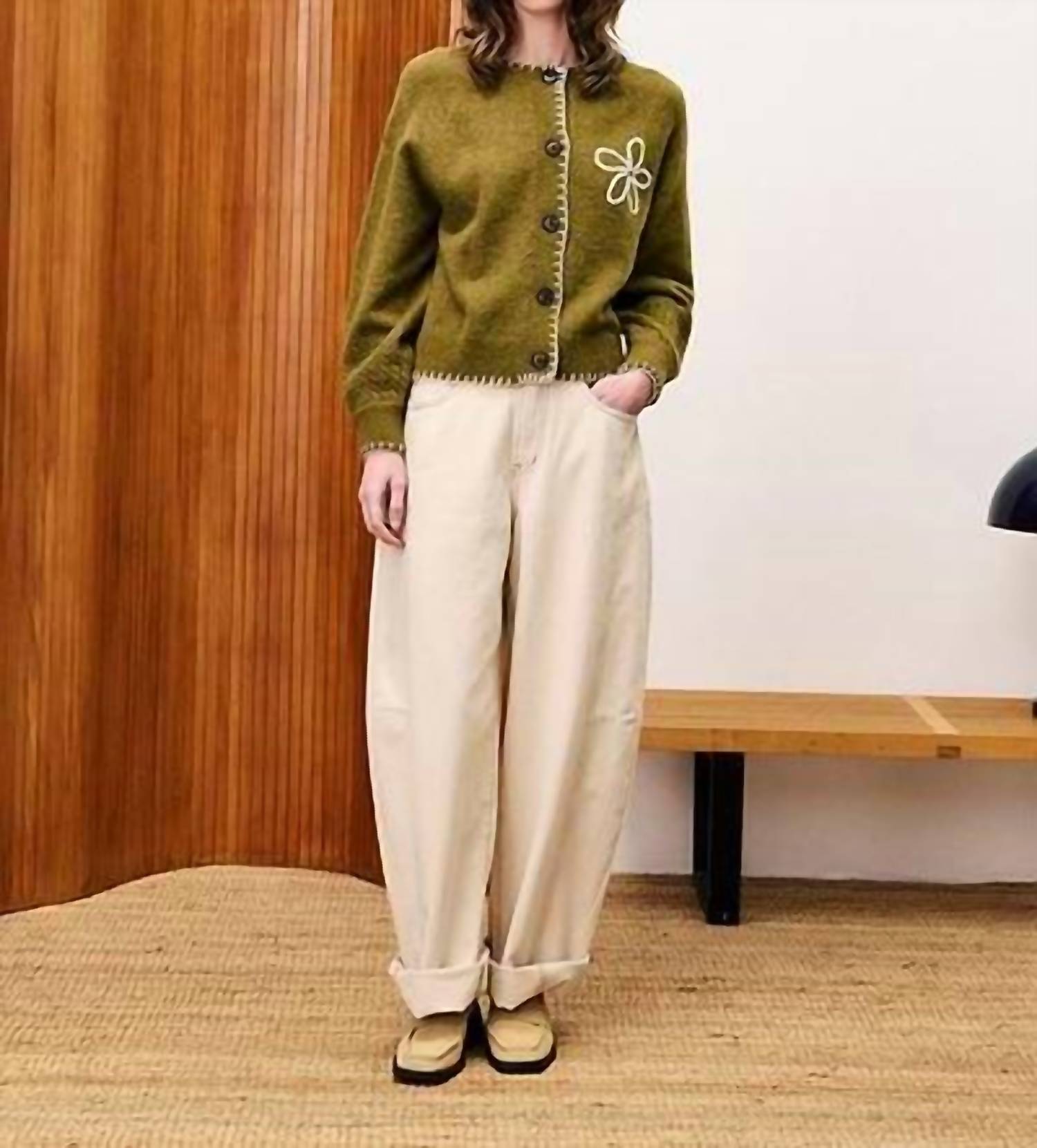 FRNCH Bergamote Embroidered Cardigan in olive khaki - women's cardigan